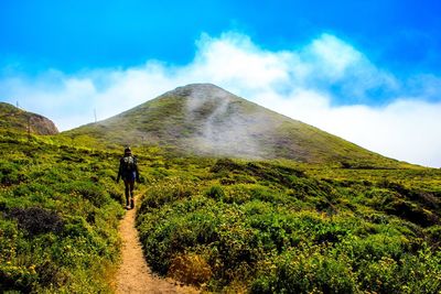 Rear view of man on mountain against sky