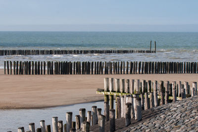 Wooden posts on beach against sky