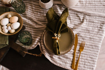 High angle view of christmas decorations on table