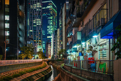 Illuminated buildings in city