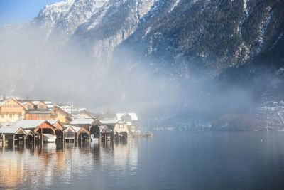 Panoramic view of lake and mountains against sky