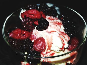 High angle view of strawberries in bowl