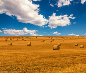 Hay bales on field against sky