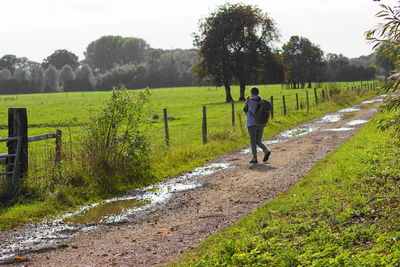 Rear view of man cycling on footpath amidst field