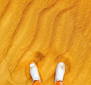 Low section of person standing on sand in desert