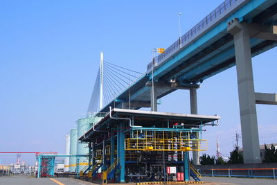 Low angle view of bridge against clear blue sky