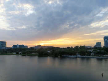 Scenic view of river against sky during sunset