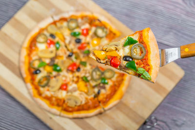 High angle view of pizza on table