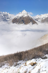 Scenic view of snow covered mountains against sky