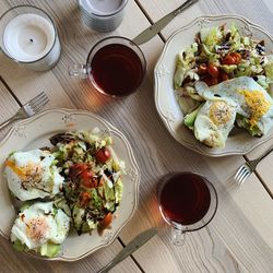 High angle view of breakfast served on table