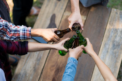 Cropped shot of people holding beer glasses celebrating in the summer vacation