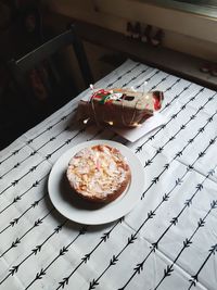 High angle view of breakfast on table