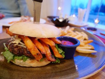 Close-up of burger on table