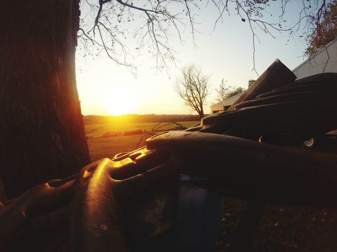 sunset, sun, transportation, sunlight, car, silhouette, clear sky, mode of transport, sunbeam, orange color, land vehicle, lens flare, built structure, sky, building exterior, architecture, tree, nature, outdoors, bare tree