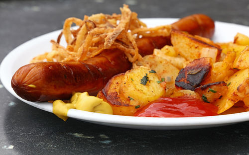 Close-up of food served in plate on table