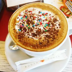 Close-up of cappuccino on table