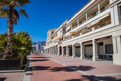 Street amidst palm trees and buildings against blue sky