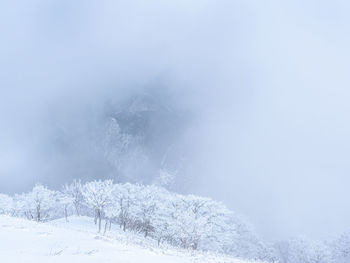 Snow covered land against clear sky