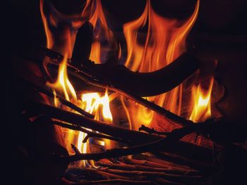 Close-up of fire burning at night