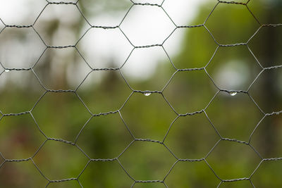 Rain drops on the metal fence, cloudy weather