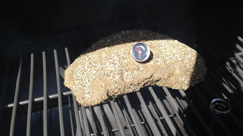 Directly above shot of food on metal grate