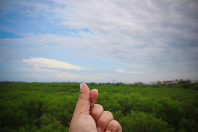 Cropped hand gesturing by green landscape against cloudy sky