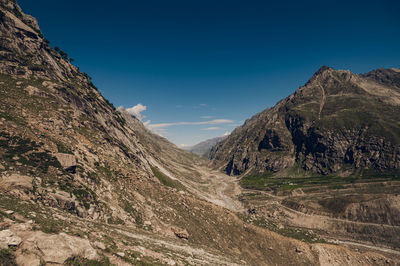 Scenic view of mountains against clear blue sky