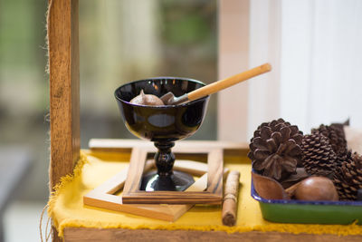 Close-up of decor on table