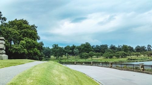 Narrow walkway along trees in park