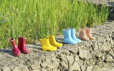 High angle view of rubber boot on land outdoors