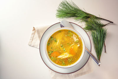 High angle view of soup in bowl on table