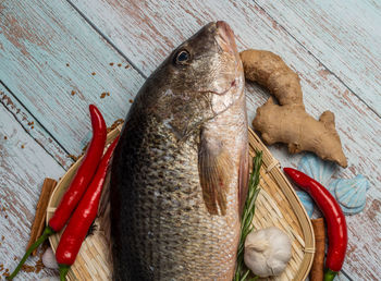 High angle view of fish on table