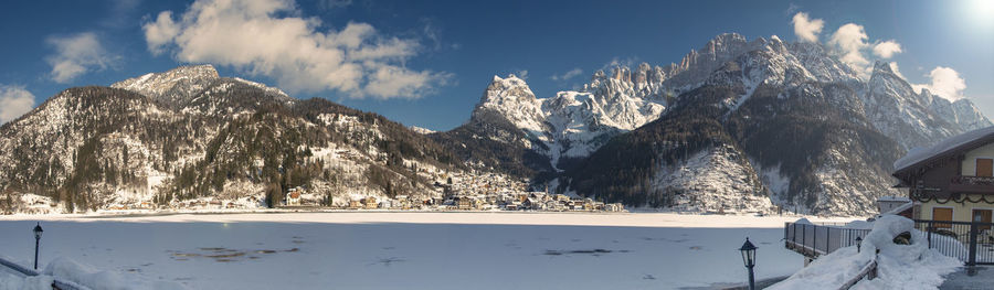 Panoramic view of snowcapped mountains against sky