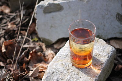 High angle view of beer glass on rock