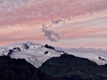 Scenic view of snow mountains against sky during sunset