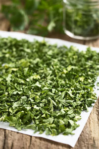 High angle view of chopped vegetables on table