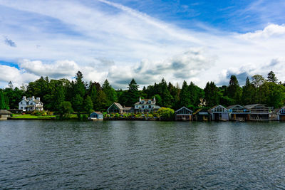 Scenic view of lake by building against sky