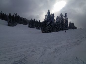 Scenic view of snow covered landscape against cloudy sky