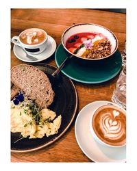 High angle view of breakfast served on table