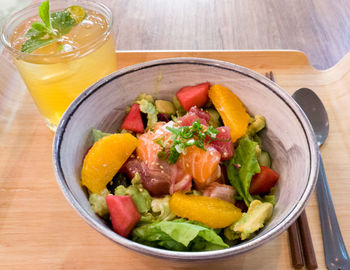 Close-up of salad served on table