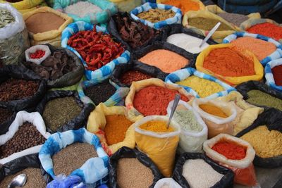 Full frame shot of various colorful spices for sale at market