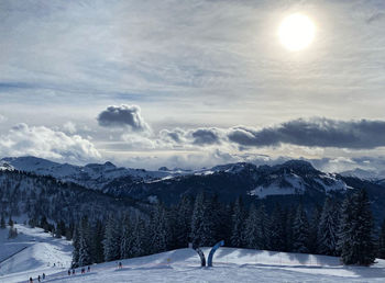 Scenic view of snowcapped mountains against sky during winter