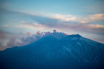 Scenic view of snowcapped mountains against sky during sunset