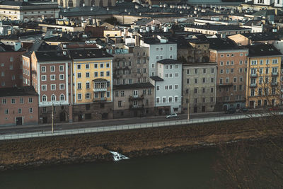 High angle view of buildings in city