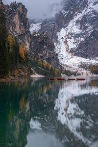 Scenic view of lake by snowcapped mountains