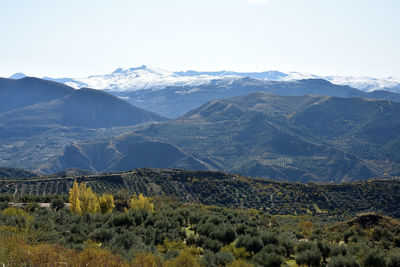 Scenic view of snowcapped mountains against sky