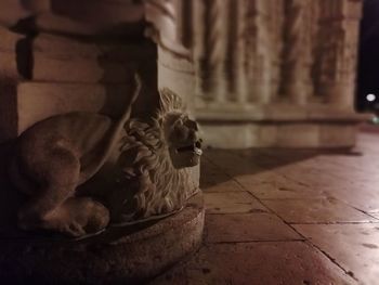 Dog looking away while sitting on tiled floor