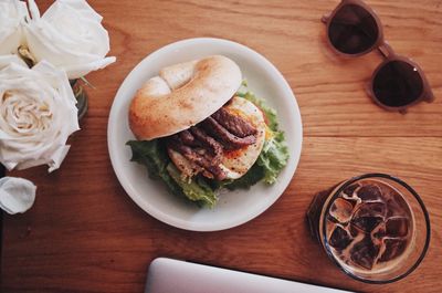 High angle view of breakfast served on table