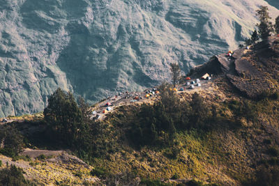 High angle view of land and mountains