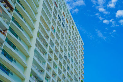 Low angle view of modern building against blue sky